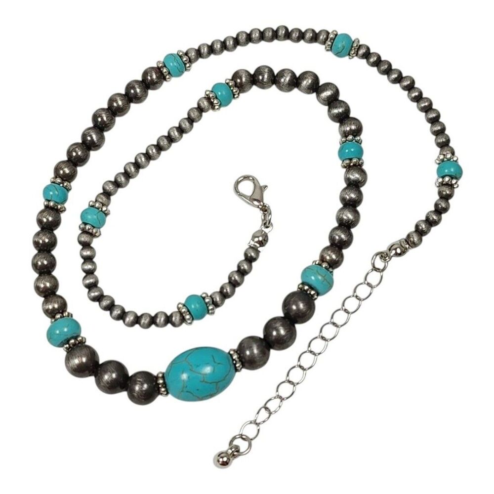 Faux Turquoise Silver Tone Metal 17" - 19" Southwestern Tribal Beaded Necklace